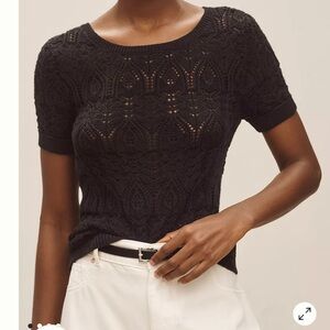 Anthropologie crochet stitched sweater tee women’s size small black